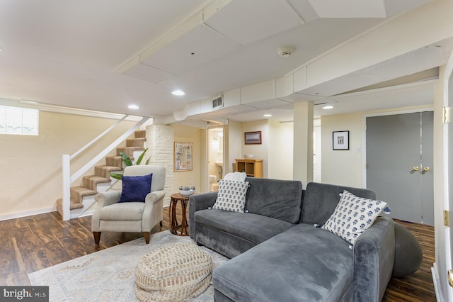 4407 Sedgwick Rd, Baltimore, MD 21210 - living area with stairs, wood finished floors, and recessed lighting