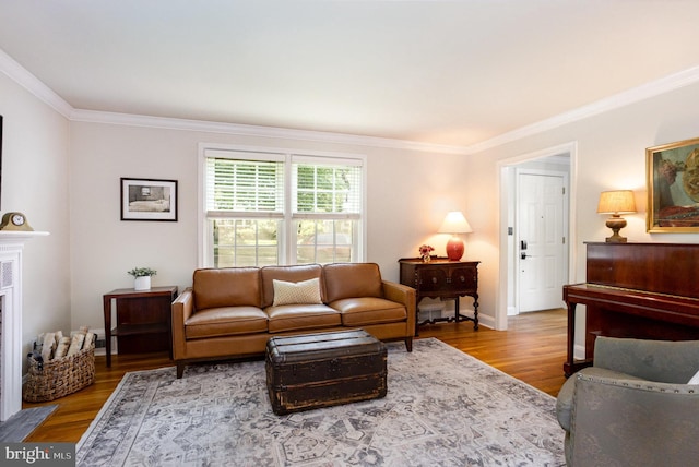 4407 Sedgwick Rd, Baltimore, MD 21210 - living area featuring wood finished floors, crown molding, and a fireplace with flush hearth