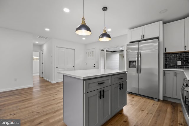 1 Mimosa Ln, Levittown, PA 19054 - kitchen featuring stainless steel fridge with ice dispenser, gray cabinetry, recessed lighting, and light wood-style floors