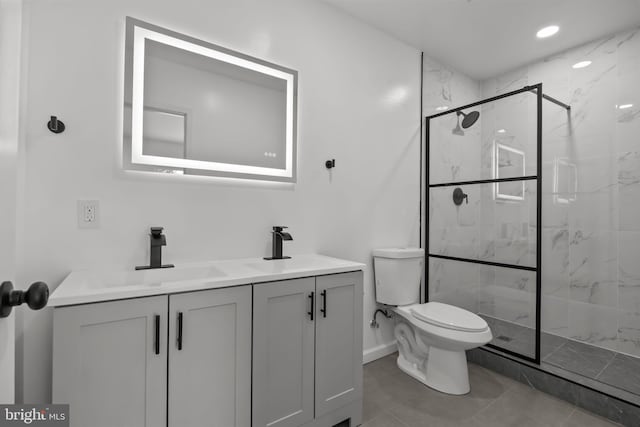 1 Mimosa Ln, Levittown, PA 19054 - bathroom with double vanity, toilet, a marble finish shower, tile patterned flooring, and baseboards