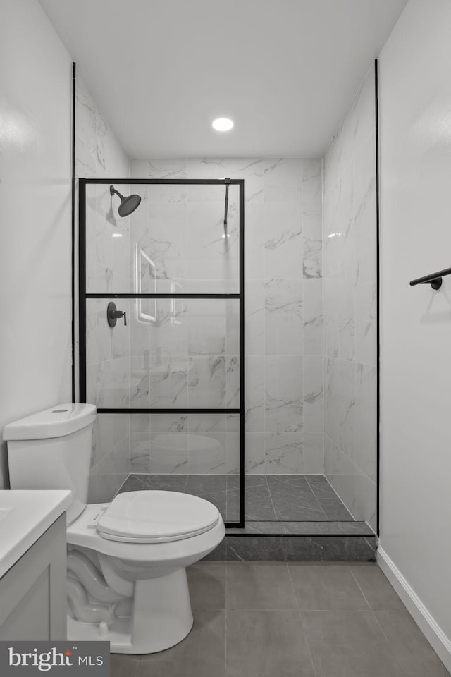 1 Mimosa Ln, Levittown, PA 19054 - full bathroom featuring toilet, vanity, a marble finish shower, tile patterned flooring, and recessed lighting