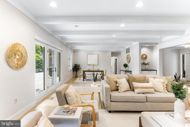 5 Tall Tree Ct, Baltimore, MD 21208 - living room featuring beamed ceiling, recessed lighting, light wood-type flooring, and french doors