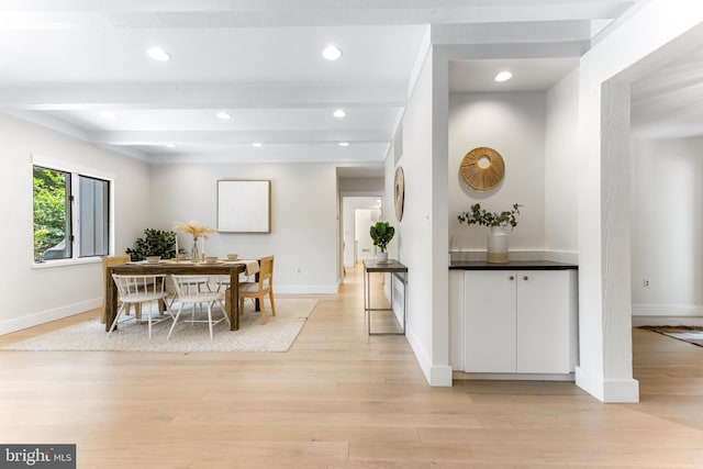 5 Tall Tree Ct, Baltimore, MD 21208 - dining area featuring light wood-style floors, beam ceiling, and recessed lighting