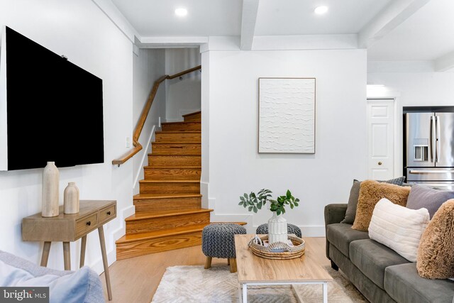 5 Tall Tree Ct, Baltimore, MD 21208 - living room featuring wood finished floors, stairs, recessed lighting, and beamed ceiling