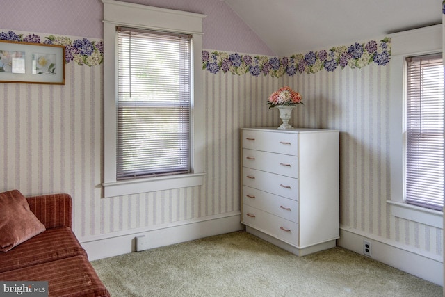236 Ardmore Ave, Haddonfield, NJ 08033 - living area featuring lofted ceiling, carpet, and wallpapered walls