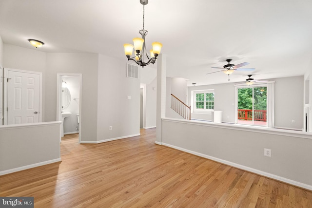 45620 Livingstone Station St, Sterling, VA 20166 - unfurnished living room with light wood-type flooring, a chandelier, ceiling fan, baseboards, and stairway