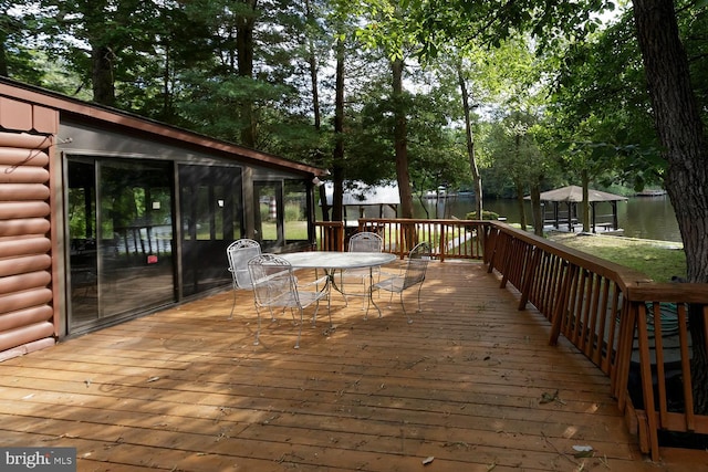 172 Chippewa Trl, Medford Lakes, NJ 08055 - deck featuring outdoor dining space, a water view, and a sunroom