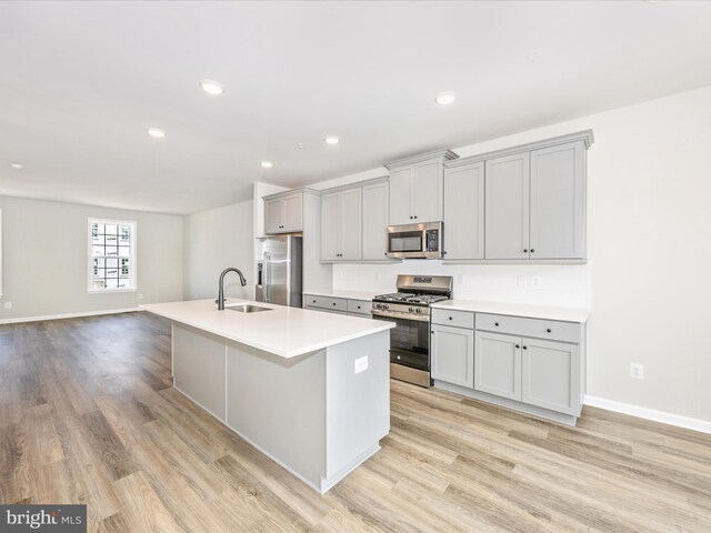108 Spring Bank Way, Frederick, MD 21701 - kitchen with stainless steel appliances, gray cabinetry, an island with sink, light wood-style floors, and light countertops