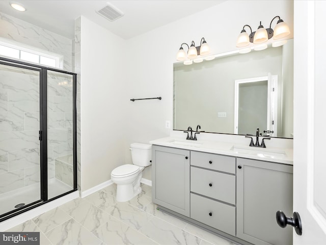 108 Spring Bank Way, Frederick, MD 21701 - full bathroom featuring double vanity, marble finish flooring, a marble finish shower, and recessed lighting