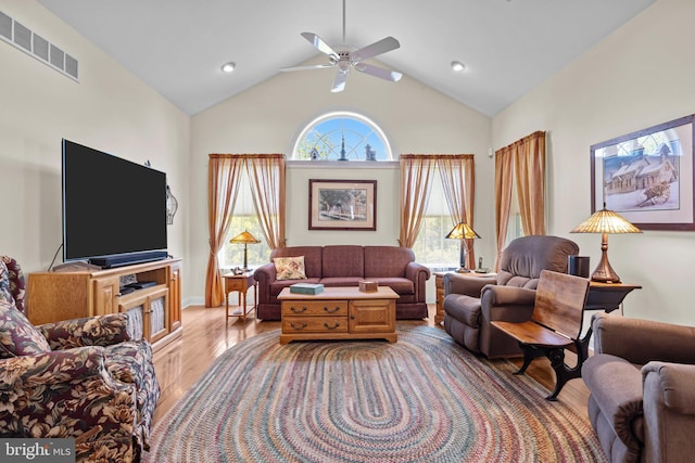 230 Bobwhite Rd, New Hope, PA 18938 - living area featuring light wood-type flooring, ceiling fan, high vaulted ceiling, and recessed lighting