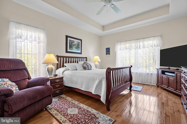 230 Bobwhite Rd, New Hope, PA 18938 - bedroom featuring hardwood / wood-style floors, a tray ceiling, and a ceiling fan