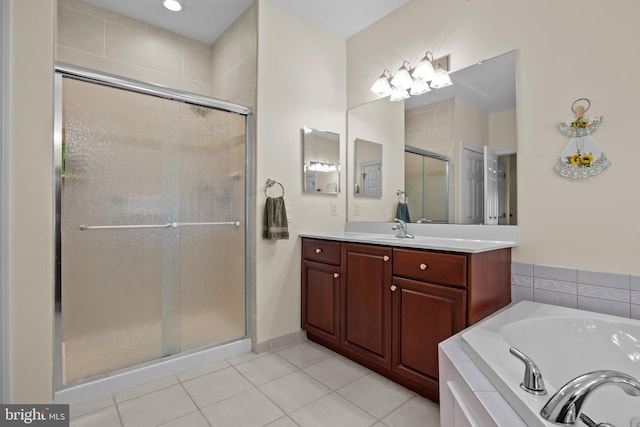 230 Bobwhite Rd, New Hope, PA 18938 - bathroom with a stall shower, tile patterned flooring, a bath, and vanity