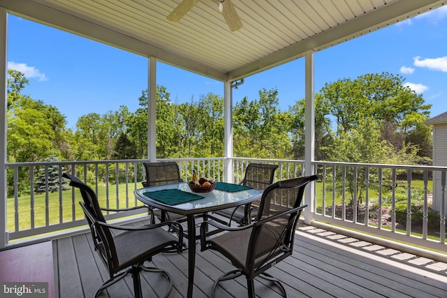 230 Bobwhite Rd, New Hope, PA 18938 - wooden terrace with a ceiling fan, outdoor dining area, and view of wooded area