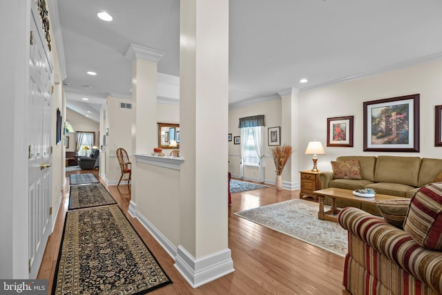 230 Bobwhite Rd, New Hope, PA 18938 - living area featuring crown molding, wood-type flooring, baseboards, and recessed lighting