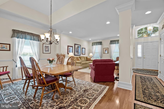 230 Bobwhite Rd, New Hope, PA 18938 - dining room with a chandelier, crown molding, plenty of natural light, light wood-style flooring, and recessed lighting