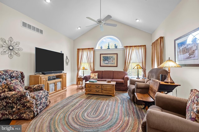 230 Bobwhite Rd, New Hope, PA 18938 - living room with light wood-style flooring, high vaulted ceiling, a ceiling fan, recessed lighting, and baseboards