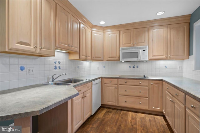 3203 Falcon Ln Ste 311, Wilmington, DE 19808 - kitchen with white appliances, light brown cabinets, a sink, dark wood-style flooring, and backsplash