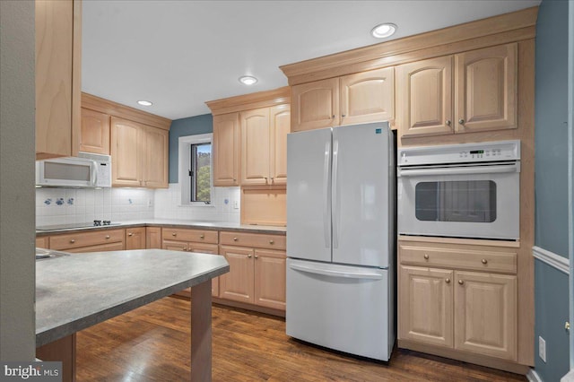 3203 Falcon Ln Ste 311, Wilmington, DE 19808 - kitchen with white appliances, light brown cabinets, decorative backsplash, dark wood-style flooring, and recessed lighting