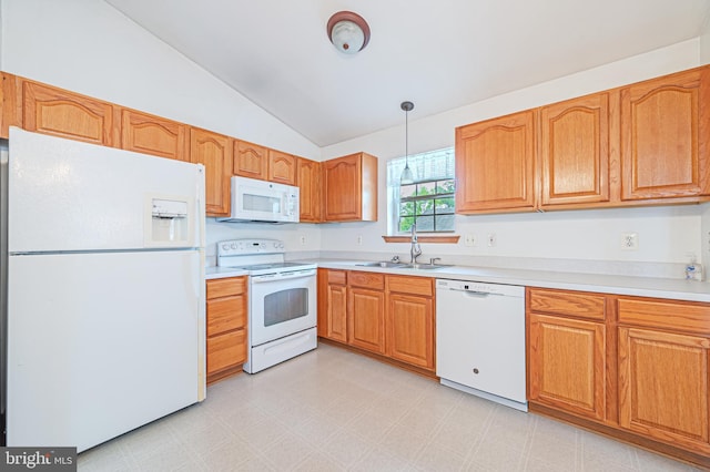 1627 Kindle Ave, Deptford, NJ 08096 - kitchen featuring white appliances, a sink, vaulted ceiling, light countertops, and light floors