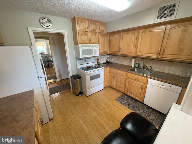 666 W Germantown Pike Unit 1721, Plymouth Meeting, PA 19462 - kitchen with white appliances, light wood-type flooring, decorative backsplash, dark countertops, and a textured ceiling