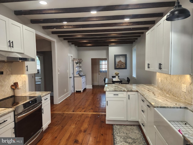 4560 Bossler Rd, Elizabethtown, PA 17022 - kitchen with electric range, under cabinet range hood, beam ceiling, a peninsula, and tasteful backsplash