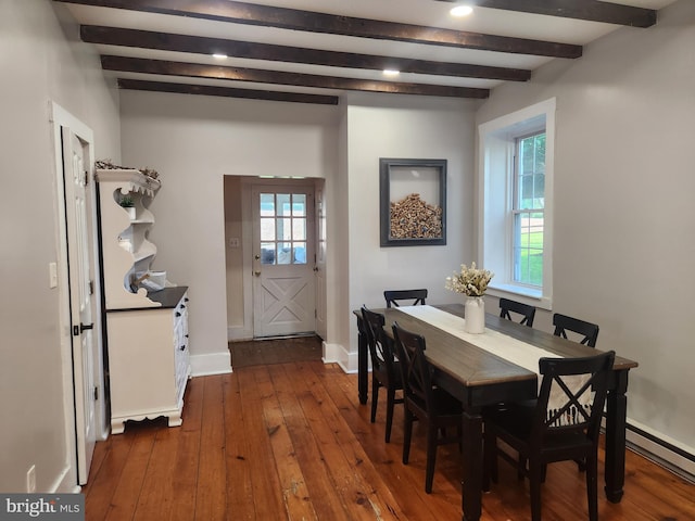 4560 Bossler Rd, Elizabethtown, PA 17022 - dining room featuring beamed ceiling, baseboards, dark wood-style flooring, plenty of natural light, and baseboard heating