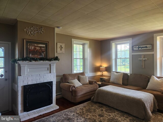 4560 Bossler Rd, Elizabethtown, PA 17022 - living area with wooden ceiling, plenty of natural light, wood finished floors, a fireplace, and baseboard heating