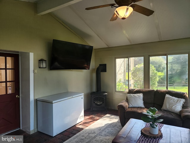 4560 Bossler Rd, Elizabethtown, PA 17022 - living area with a wood stove, brick floors, and a ceiling fan