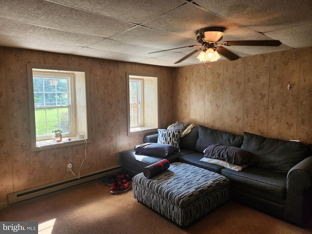 4560 Bossler Rd, Elizabethtown, PA 17022 - living room with a baseboard heating unit, plenty of natural light, carpet, and a ceiling fan