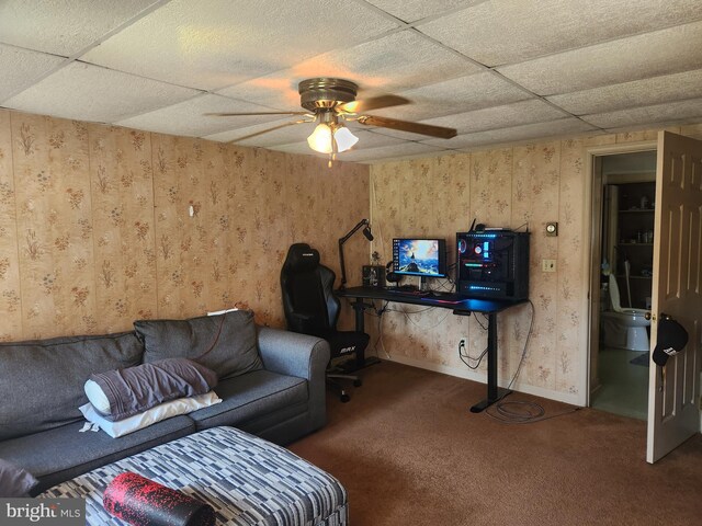 4560 Bossler Rd, Elizabethtown, PA 17022 - carpeted home office featuring wallpapered walls, ceiling fan, baseboards, and a paneled ceiling