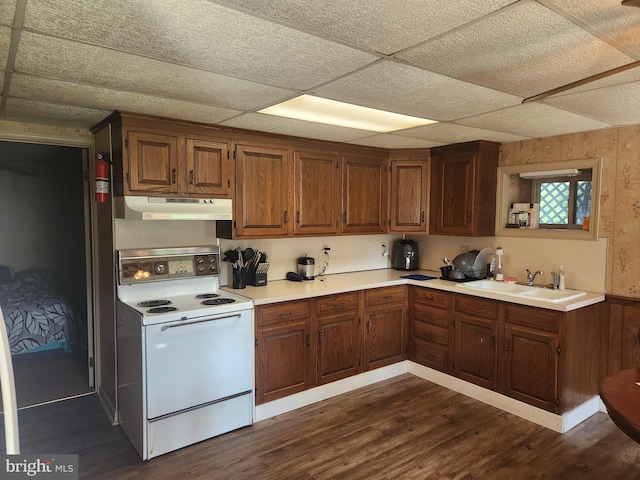 4560 Bossler Rd, Elizabethtown, PA 17022 - kitchen featuring electric stove, under cabinet range hood, a sink, dark wood-style flooring, and a paneled ceiling