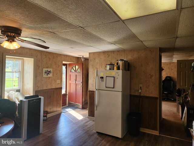 4560 Bossler Rd, Elizabethtown, PA 17022 - kitchen featuring freestanding refrigerator, dark wood-style flooring, plenty of natural light, a wainscoted wall, and ceiling fan