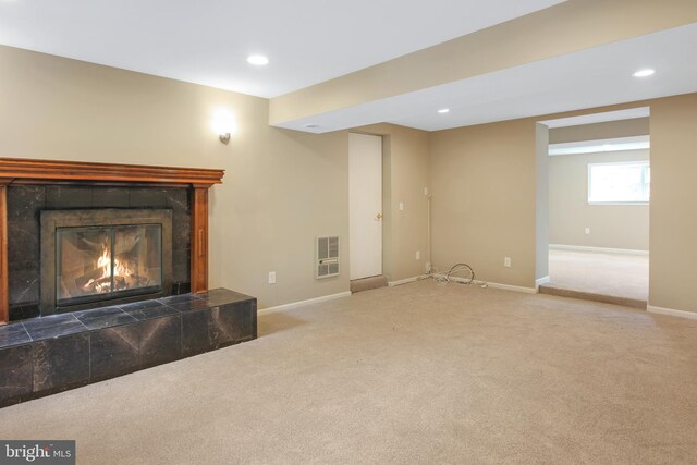 3818 Gelding Ln, Olney, MD 20832 - unfurnished living room featuring carpet, baseboards, a tiled fireplace, and recessed lighting