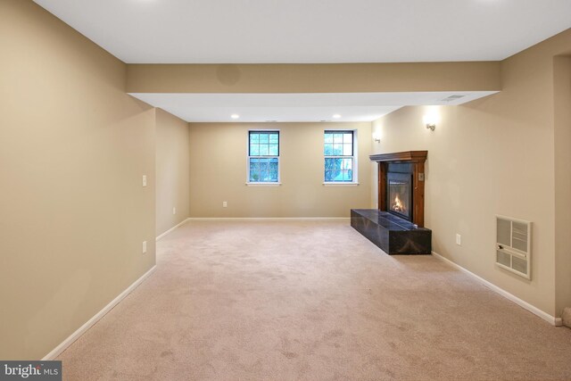 3818 Gelding Ln, Olney, MD 20832 - unfurnished living room with heating unit, carpet flooring, a tile fireplace, baseboards, and recessed lighting
