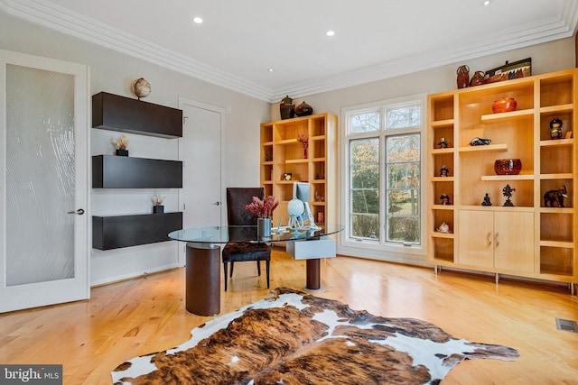 918 Centrillion Dr, Mclean, VA 22102 - home office featuring light wood-style floors, crown molding, and recessed lighting