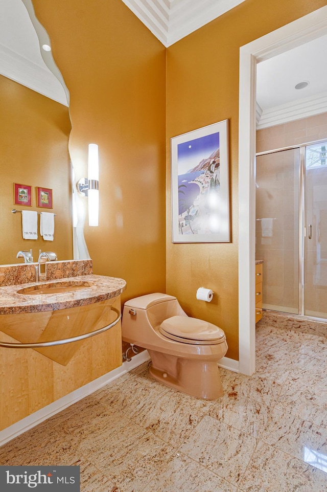 918 Centrillion Dr, Mclean, VA 22102 - bathroom with toilet, a shower stall, vanity, baseboards, and ornamental molding