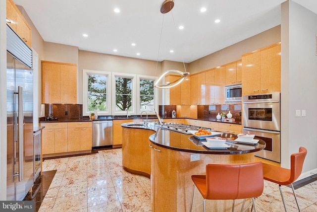 918 Centrillion Dr, Mclean, VA 22102 - kitchen with built in appliances, a kitchen island with sink, decorative backsplash, recessed lighting, and light brown cabinetry