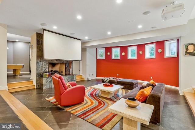 918 Centrillion Dr, Mclean, VA 22102 - home theater room featuring recessed lighting, a high end fireplace, baseboards, and tile patterned flooring