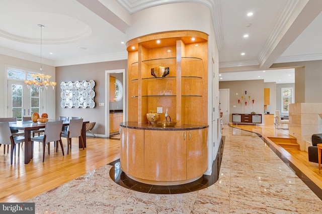 918 Centrillion Dr, Mclean, VA 22102 - bar featuring plenty of natural light, crown molding, recessed lighting, a tray ceiling, and a chandelier
