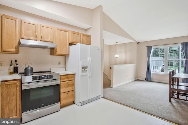 6040 Shady Side Rd, Shady Side, MD 20764 - kitchen with under cabinet range hood, white fridge with ice dispenser, electric stove, light colored carpet, and lofted ceiling