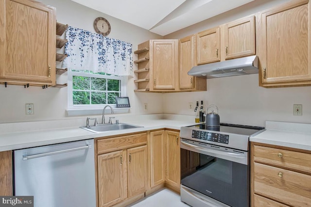 6040 Shady Side Rd, Shady Side, MD 20764 - kitchen featuring appliances with stainless steel finishes, under cabinet range hood, open shelves, light brown cabinetry, and light countertops