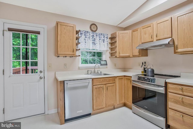 6040 Shady Side Rd, Shady Side, MD 20764 - kitchen with appliances with stainless steel finishes, under cabinet range hood, light brown cabinetry, open shelves, and vaulted ceiling