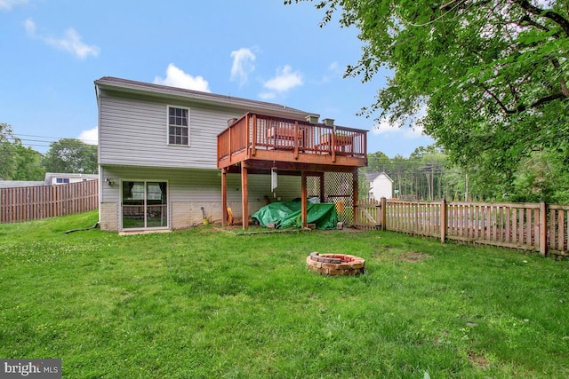 6040 Shady Side Rd, Shady Side, MD 20764 - rear view of house featuring a fire pit, a wooden deck, a fenced backyard, and brick siding