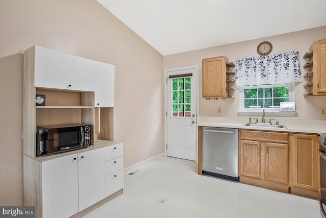 6040 Shady Side Rd, Shady Side, MD 20764 - kitchen with dishwasher, open shelves, black microwave, vaulted ceiling, and light countertops