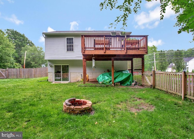 6040 Shady Side Rd, Shady Side, MD 20764 - back of property with an outdoor fire pit, a wooden deck, a fenced backyard, and a gate