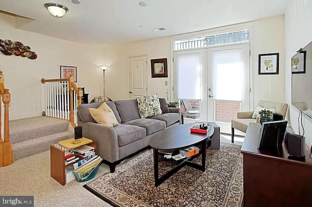 2665 Prosperity Ave Unit 6, Fairfax, VA 22031 - living area featuring carpet floors, french doors, and stairs