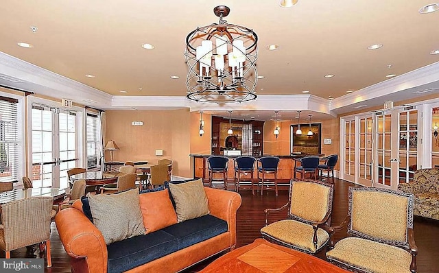 2665 Prosperity Ave Unit 6, Fairfax, VA 22031 - living area featuring french doors, ornamental molding, a raised ceiling, recessed lighting, and wood finished floors