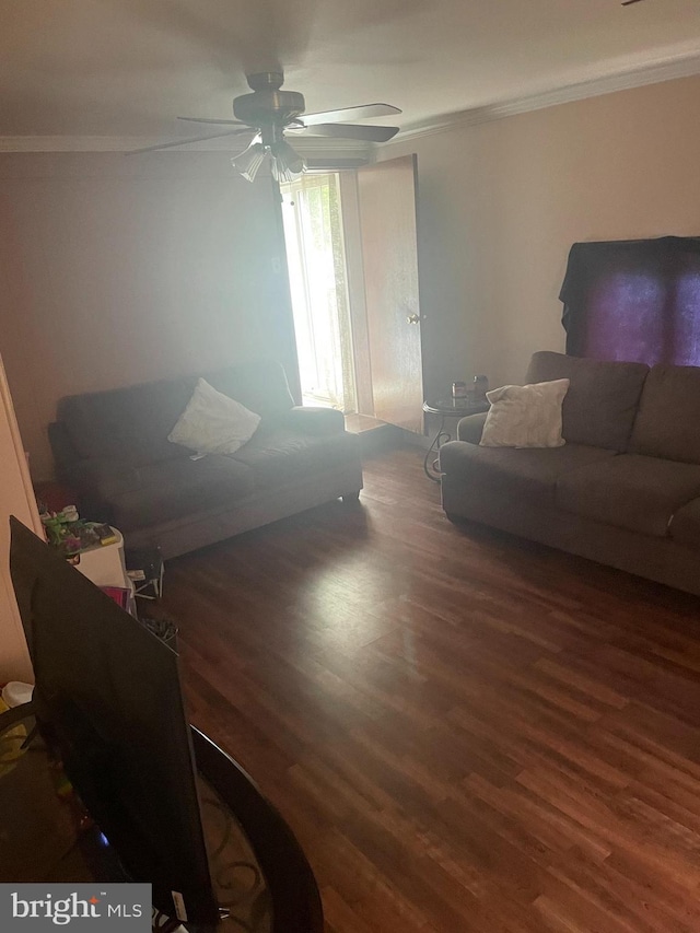 808 W Penn Pines Blvd, Aldan, PA 19018 - living room with crown molding, ceiling fan, and wood finished floors