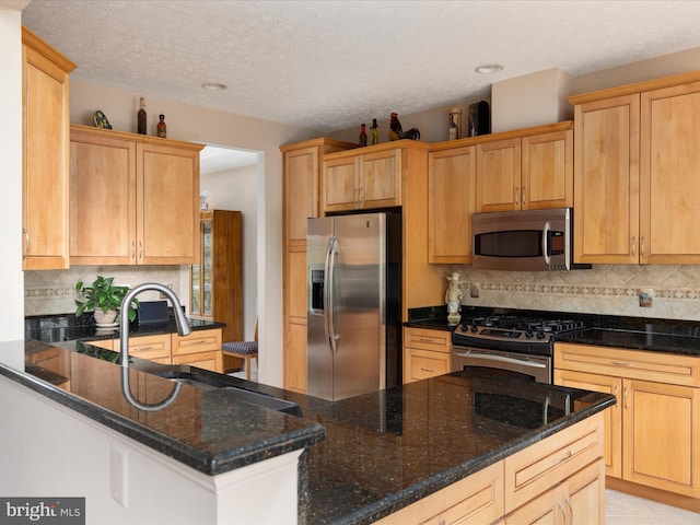 228 Sunset Cir, Cross Junction, VA 22625 - kitchen featuring stainless steel appliances, a sink, tasteful backsplash, dark stone countertops, and a peninsula