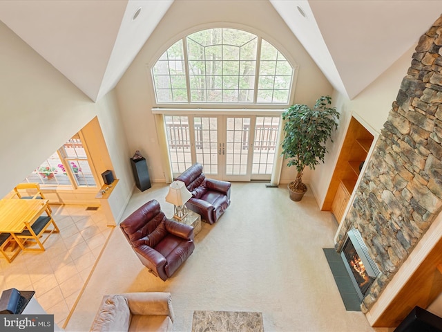 228 Sunset Cir, Cross Junction, VA 22625 - living room featuring a fireplace, high vaulted ceiling, and baseboards